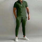 AIDASE  -  Fashion Striped Print Mens Tracksuits Spring Summer Short Sleeve Lapel Zipper Tops and Pants Two Piece Sets Men Sports Clothing aidase-shop