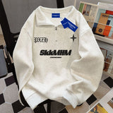 Aidase American Autumn and Winter Street Fashion Personalized Letter Print Polo Zipper Loose Retro Casual Harajuku Top for Couples Y2k