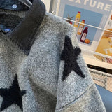 AIDASE  -  American Red Star Print Y2K Sweaters Women Patchwork Knitted Jumpers Tops Loose Female Design Turn Down Collar Pullovers Tops aidase-shop