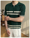 AIDASE  -  Summer Striped Knitted Shirt for Men, Business Casual Short Sleeve POLO, Half-Zip Breathable T-Shirt.Stretchable aidase-shop