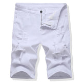 AIDASE  -  Men Summer Denim Shorts Holes Ripped Cotton Jeans Y2K Pure Color Knee Length Slim Straight Stretch Breeches White Red Green aidase-shop