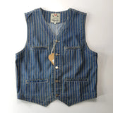 Aidase American casual retro denim blue vest washed 100% cotton vertical striped distressed buckle back gentleman camisole vintage