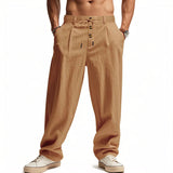AIDASE  -  Men's High Waist Linen Wide Leg Pants with Button Detail Elastic Drawstring Casual Trousers for Men aidase-shop