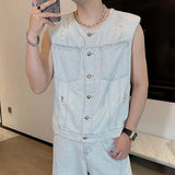 AIDASE  -  Denim Men's Sets Round Collar Solid Color Holes Design Single Breasted Sleeveless Vests Pleated Loose Male Jeans New 9W3269 aidase-shop