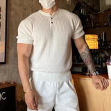 AIDASE  -  Summer Lightweight Knitted Half Sleeve Men's T-shirt Cleanfit Vertical Stripes Simple Slim Fit Versatile Crew Neck Top aidase-shop