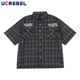 Aidase Letter Embroidery Loose Safari Short Sleeve Shirt Mens Summer Streetwear Lapel Casual Plaid Shirt Men