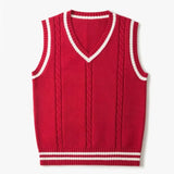 Aidase Striped White Knitted Sweaters for Men Blue Sleeveless Man Clothes V Neck Vest Red Waistcoat Jumpers Sweat-shirt Cigaret Cotton aidase-shop