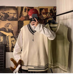 AIDASE  -  Autumn Winter V-neck Knitted Sweater Vest Men Oversized Loose Sleeveless Pullover Tops Men's Korean Warm Sweaters Tank Tops aidase-shop