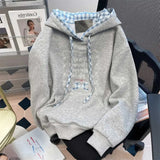 AIDASE  -  American Style Patchwork Women Hooded Sweatshirt Spring Autumn Letter Bow Embroidery Loose Pullovers Lady Hoodies aidase-shop