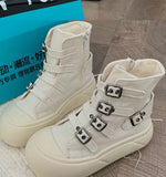 AIDASE  -  Fashion Women Buckle Strap Canvas Shoes High Top Thick Sole Height Increasing Short Ankle Boots Black Beige Autumn Sneakers aidase-shop