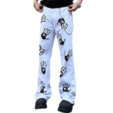 AIDASE  -  Men Palm Print Jeans White Denim Boot Cut Pants Fashion Flared Trousers with Chain aidase-shop