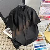 AIDASE  -  American Standing Collar Short Sleeved Shirt Solid Color Casual Summer Shirts Coat Loose Retro Male Clothing aidase-shop