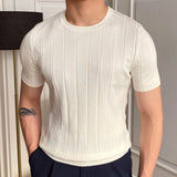 Aidase 2024 O-Neck Stretched Men's Tee Shirt Simple Solid Color Stripe Slim Knitted T Shirt Homme Streetwear Fashion Casual T-Shirt