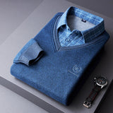 Men Sweaters Shirts Pullovers Fake Two-Pieces Shirts Knitwear Fleece Warm Sweaters Male Business Casual Pullovers Sweaters 4XL aidase-shop