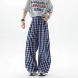 AIDASE  -  Spring Summer Mens Fashion Oversize Plaid Pants Wide Leg Buttons Long Trousers Elastic Waist Casual Bottoms Wear Plus Size