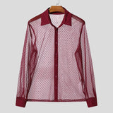 AIDASE  -  Men Shirt Polka Dot Printing Lapel Long Sleeve Button Men Clothing Mesh See Through Loose Fashion Male Shirts Streetwear aidase-shop
