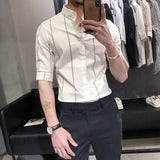 Aidase Fashion Men Shirt Elastic Korean Version Trend Striped Long-Sleeved Shirt Basic Hot Free Casual Dress Short-Sleeved Shirt aidase-shop