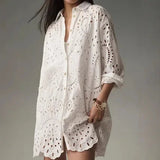 AIDASE  -  Loose Large Size Embroidered Hollow out Spring Shirt Pure Color Collar Women's Top Fashionable Slim Fit Cotton Polyester Blend aidase-shop