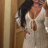 AIDASE  -  Chic Female Solid Tie-up Long Sleeve Hot Robe Dress Sexy Bag Hips Party Dress Women Fishnet Transparent Beach Maxi Dress aidase-shop