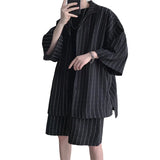 AIDASE  -  Summer Shirt Set Men Oversized Fashion Society Mens Black Formal Sets Korean Loose Casual White Striped Set Mens Plus Size 5XL aidase-shop