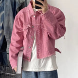 AIDASE  -  Niche Frayed Retro Denim Jacket High Street Workwear Jean Coats for Men Loose Short Casual Outwear Pink Trendy Men's Clothing aidase-shop