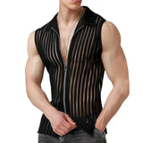 AIDASE  -  Spring Summer New Men's Dark Tide Casual Stripe Zipper Sleeveless Flip Collar Tank Tops Versatile Punk Fashion Vest aidase-shop