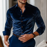 AIDASE  -  Stylish Solid Color Velvet Shirts Mens Long Sleeve Button-up Turn-down Collar Casual Shirt Fall Winter Daily Leisure Men Shirts aidase-shop