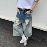 AIDASE  -  American Style Washed Ripped Men Denim Shorts Summer New Straight Wide-leg Calf-Length Pants Niche Design Jeans 21E6608 aidase-shop