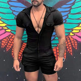 Aidase Fashion Mens Jumpsuit Shirts Overalls Casual Beach Catsuit Vintage Zipper Short-sleeved Shorts Bodysuit Sports Uniform Playsuit