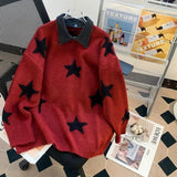 AIDASE  -  American Red Star Print Y2K Sweaters Women Patchwork Knitted Jumpers Tops Loose Female Design Turn Down Collar Pullovers Tops aidase-shop