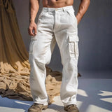 AIDASE  -  Men's Khaki Linen Cargo Pants Loose Straight Leg Multi-pocket Casual Trousers aidase-shop