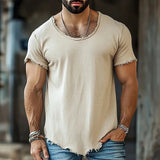 AIDASE  -  Men's Vintage Washed Frayed Edge Soft T-Shirt Casual Deep U-Neck Irregular Hem Short Sleeve Tee Loose Fit Streetwear Summer Tops aidase-shop
