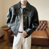 AIDASE  -  Autumn American Vintage PU Leather Coats Men's Loose Short Motorcycle Faux Leather Jacket Couple Metal Zipper Cargo Outwear aidase-shop