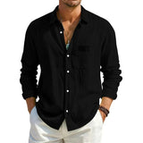 AIDASE  -  Men's Linen Texture Long Sleeve Shirt Light Blue Casual Button Down Shirts with Pocket Summer Old Money Style Breathable Tops aidase-shop