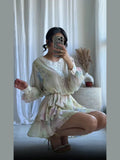 AIDASE  -  Printed Lace Patchwork Chiffon Waist Mini Dress Women Elegant Round Neck Long Sleeve Bodycon Short Dresses 2025 New Summer Robe aidase-shop