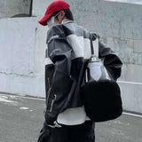 AIDASE  -  Japanese Color Block Jacket for Men Letters Embroidered PU Coats Stand Collar Cuffs Zippered Fake Leather Motorcycle Racing Suit aidase-shop