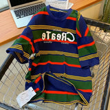 AIDASE  -  Design Sense Niche Chic Striped Contrasting Short-sleeved T-shirts Men Women Summer Retro American Fashion Vintage Shoulder Tops aidase-shop