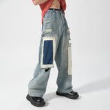 Aidase 2024 Men's Hole Casual Jean Beggar Pants High Street wear Spliced Jeans Summer Trendy Worn Out Wide Leg Denim Pants streetwear