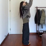 Aidase American retro high street women jeans y2k fashionable leg design washed high waist slimming wide leg pants