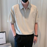 Aidase New Summer Minimalist Trendy Solid Color Men's Lapel Half Zipper Button Short Sleeve Shirt Fashion Casual Loose Polo Shirts