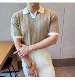 AIDASE  -  Images Simple Striped Ice Silk Elastic Jacquard Turn-down Collar Short Sleeved T-shirt 2025 Contrast Color Male Tops aidase-shop