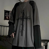 AIDASE  -  T-shirt Cross of Thorns fake two-piece for men women long-sleeved dark hip-hop loose large size autumn new trend top Simplicity aidase-shop