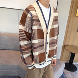 Aidase Autumn Men's Luxury Knitted Plaid Printed Buttons Cardigan Sweater Long Sleeve Streetwear Leisure Coat Fashion Check Knitwear aidase-shop