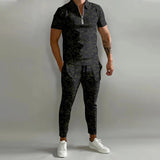 AIDASE  -  Fashion Striped Print Mens Tracksuits Spring Summer Short Sleeve Lapel Zipper Tops and Pants Two Piece Sets Men Sports Clothing aidase-shop