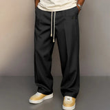 AIDASE  -  Men's Solid Color Drawstring Wide Leg Pants Casual Streetwear Button Detail Loose Straight Trousers Lightweight for Daily Wear aidase-shop