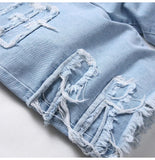 AIDASE  -  Men Fringe Patch Ripped Denim Shorts Summer Patchwork Jeans Casual Loose Straight Knee Length Breeches aidase-shop