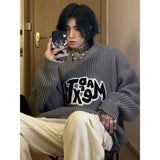 33.38Aidase Korean Personalized Retro Letter Printed College Student Sweater Men's Salt Style American Y2K Wear Round Neck Street Sweater aidase-shop