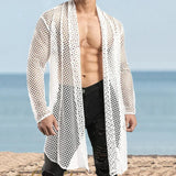 Aidase Sexy Hollow Out Loose Cardigan Shawl Mens Spring Summer Long Sleeve Beach Shirts Mesh Perspective Long Coat Cloak Streetwear
