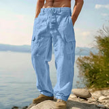 AIDASE  -  Men's Cotton Linen Cargo Pants Elastic Waist Drawstring Multi-Pocket Loose Wide Leg Casual Summer Trousers For Hiking Travel aidase-shop