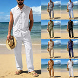 AIDASE  -  Suit Suits For Men Men'S Loose Fitting Beach Linen Casual Sleeveless Shirt And Straight Leg Trousers Suit Homecoming Men Attire aidase-shop